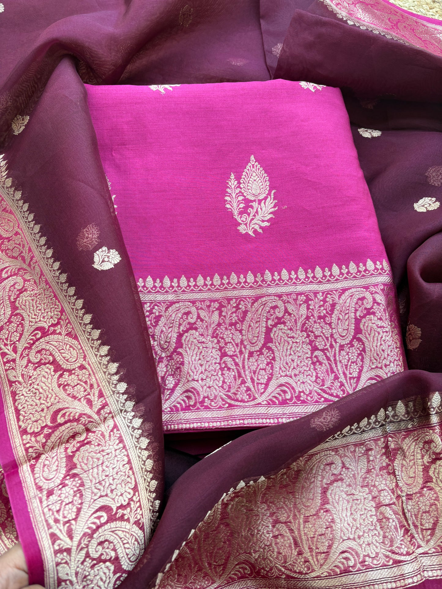 Pink Chiniya silk suit with shaded dupatta