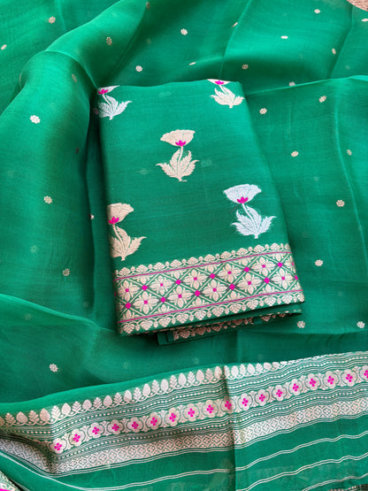 Green kora kadhwa rose design suit set