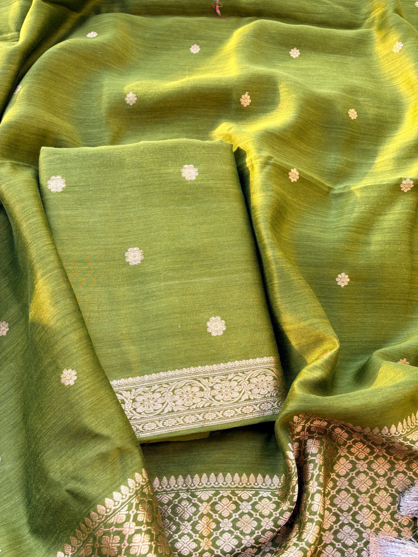 Green moonga silk kadhwa suit set