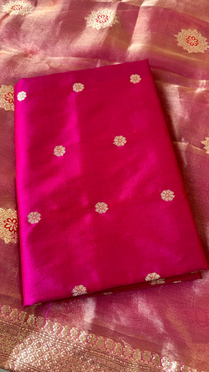 Pink katan silk kurta, tissue meendar dupatta, plain silk bottom.