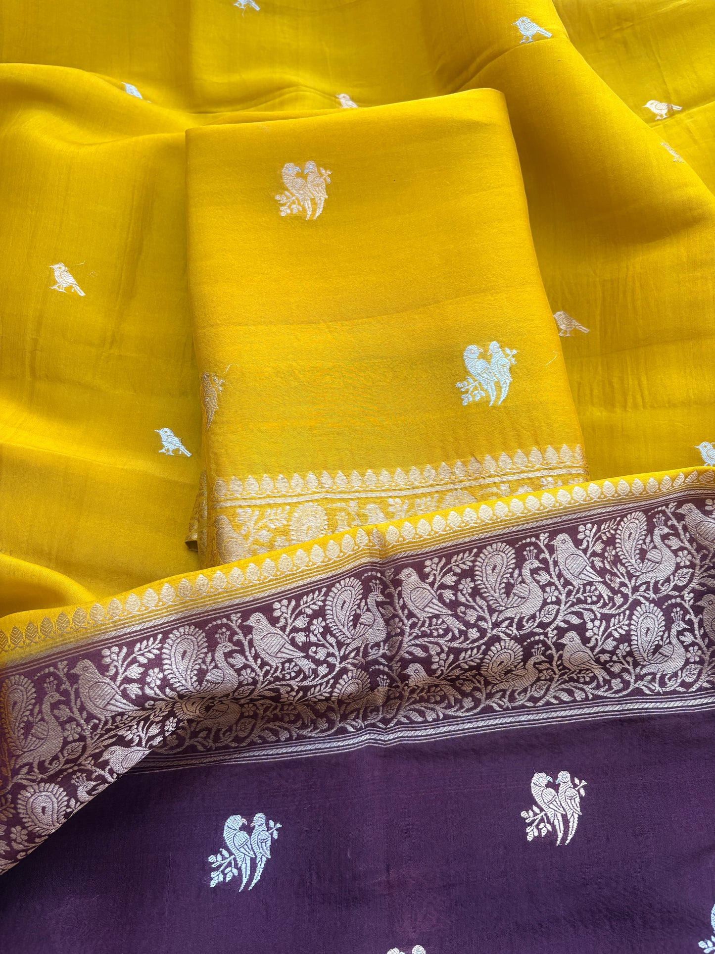 Mustard Kora silk suit set with shaded dupatta