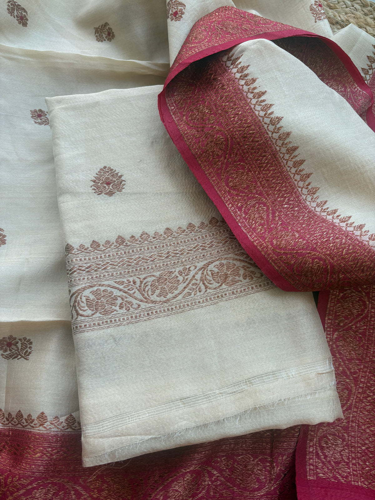 Cream tussar suit with red shaded dupatta