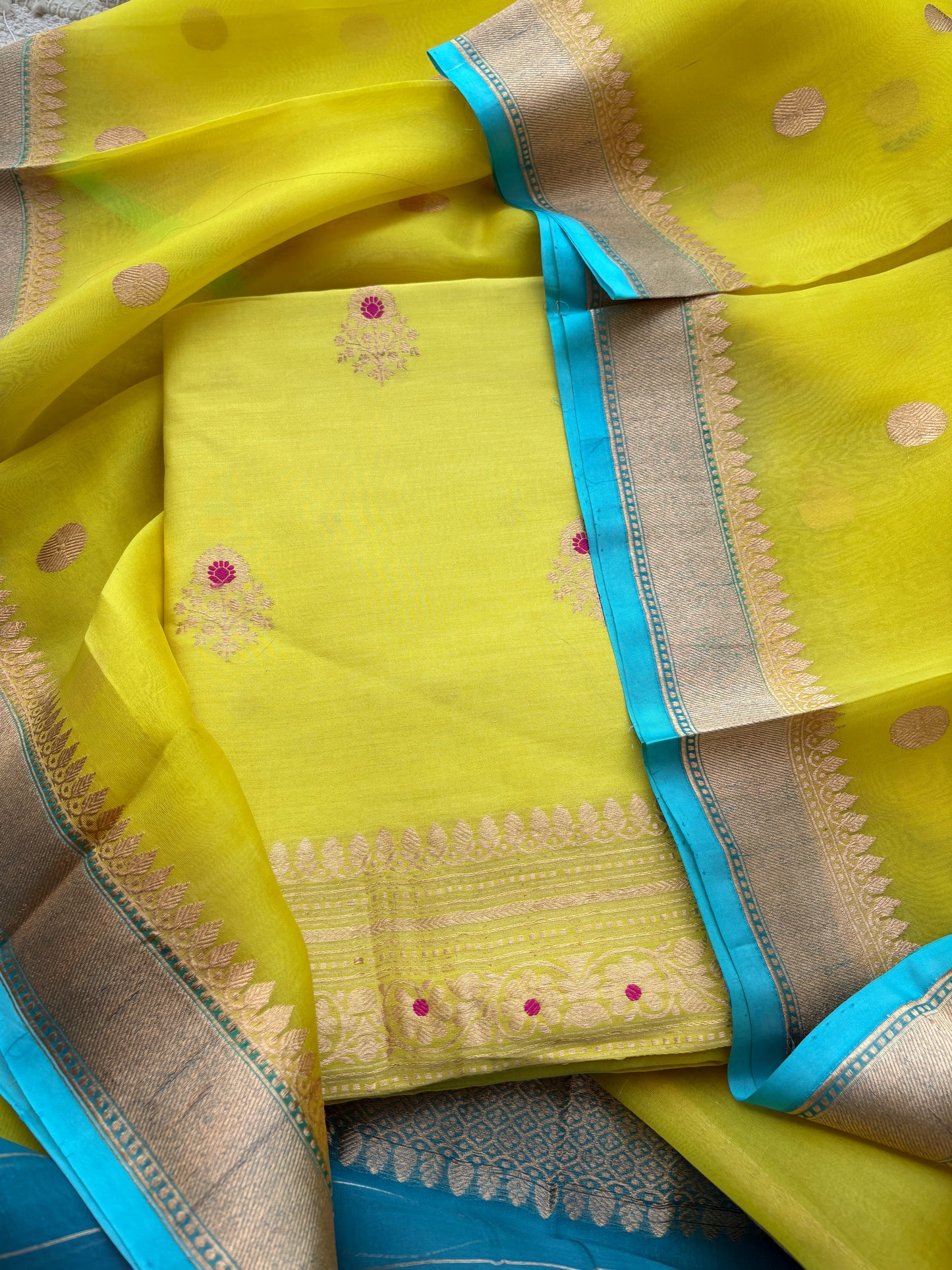 Lime suit with blue shaded dupatta
