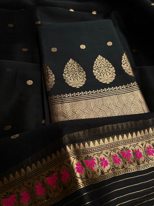 Black Chiniya kora silk 3 piece suit set