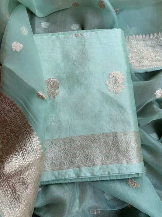 Blue silver zari Chiniya kora suit set
