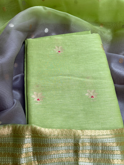 Green linen silk kurta, kora silk dupatta, plain bottom