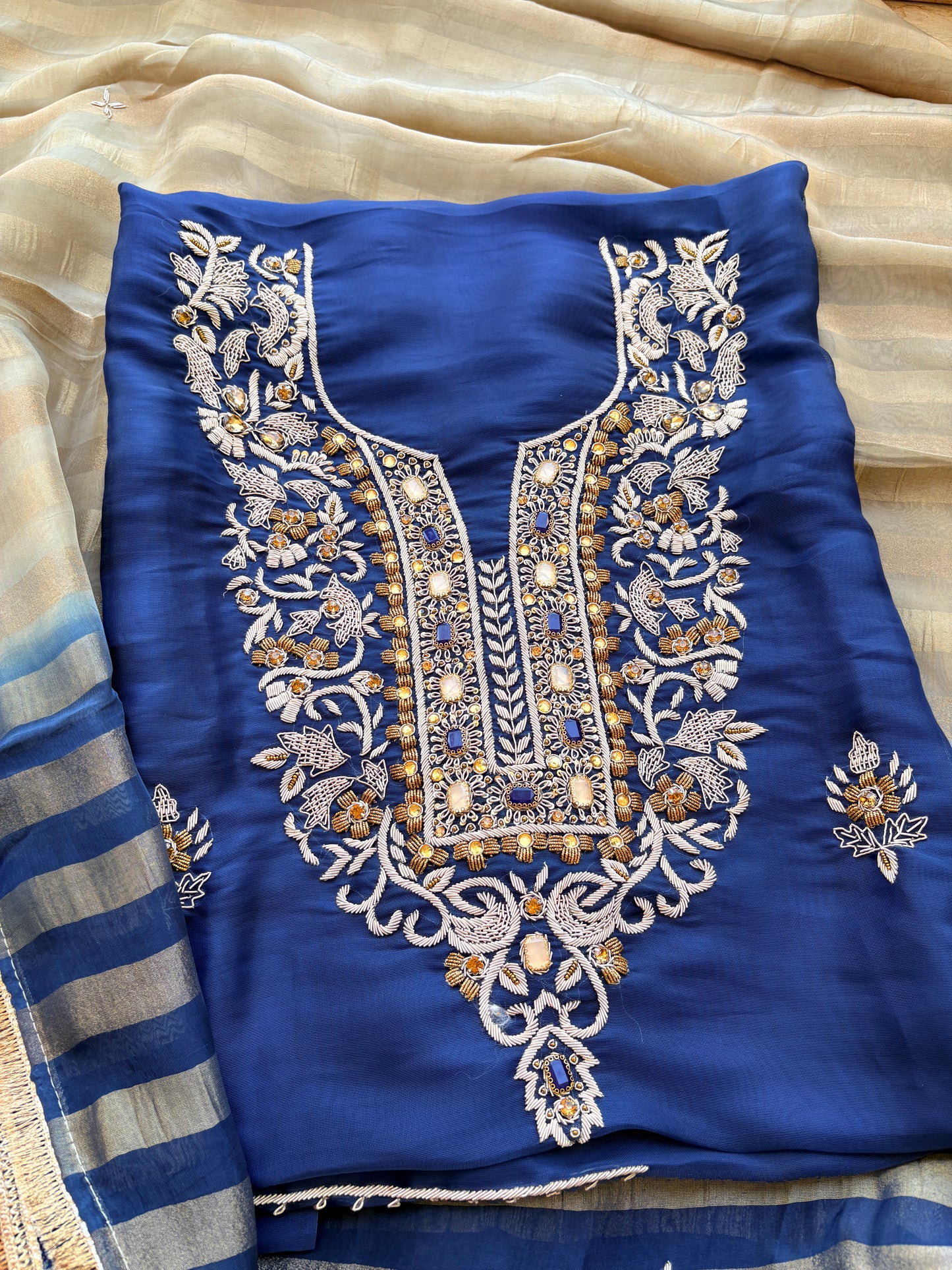Blue tissue handwork suit with tissue dupatta