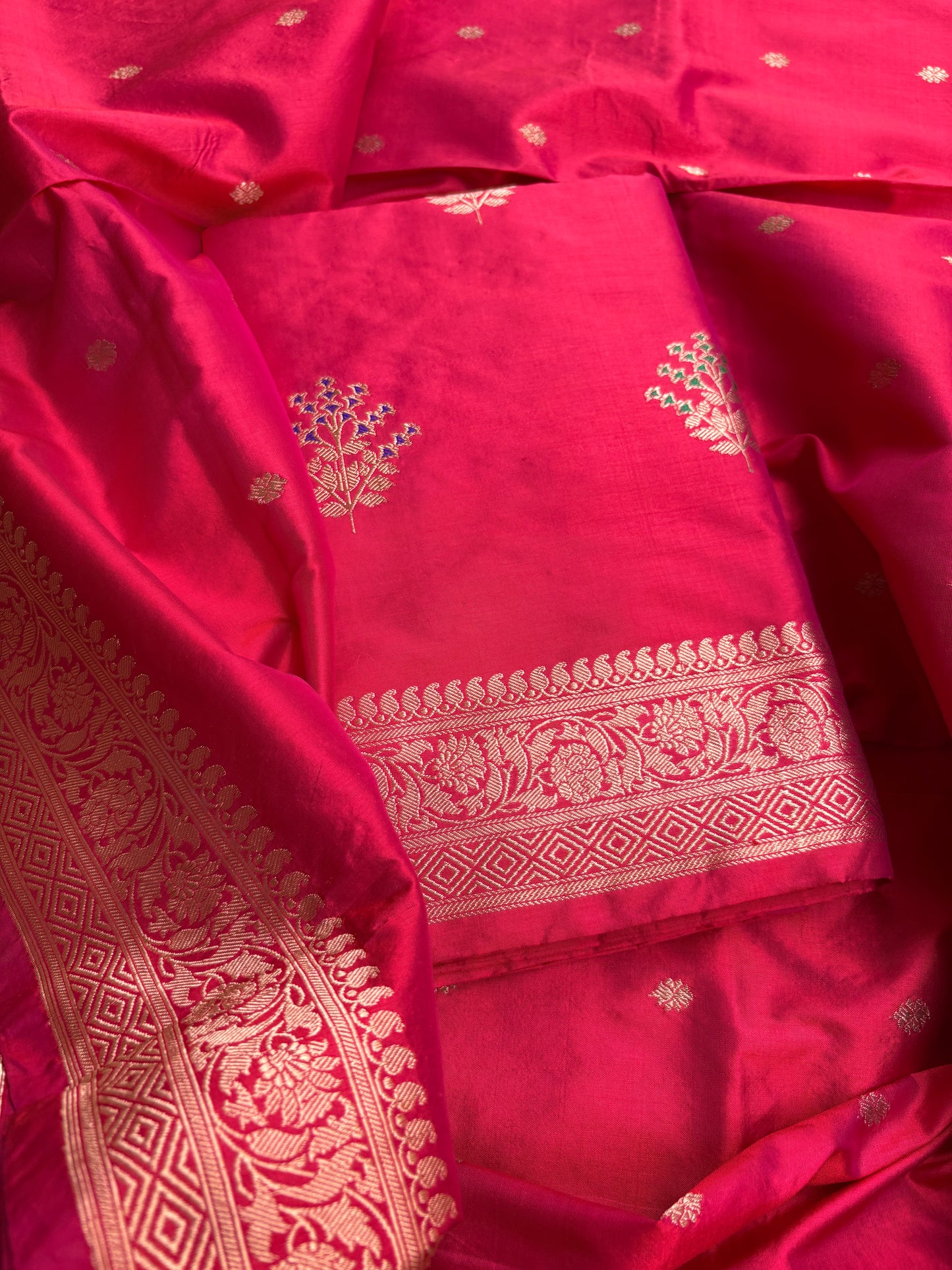 Red pink dhoop chau katan by katan silk suit set