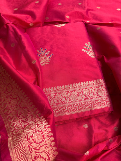 Red pink dhoop chau katan by katan silk suit set