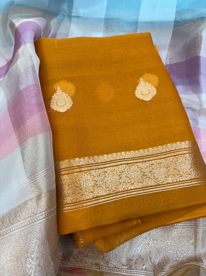 Mustard Kora silk with check kadhwa dupatta