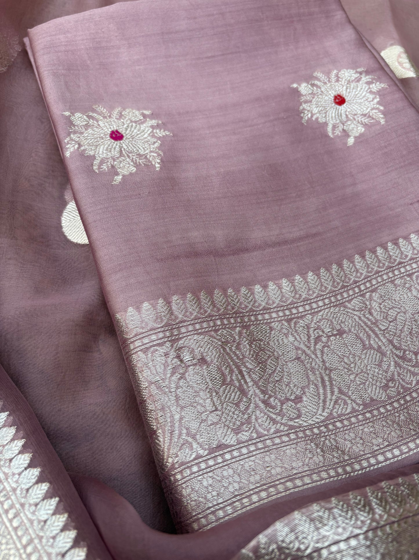 Lavender Chiniya kora silver zari 3 piece suit set
