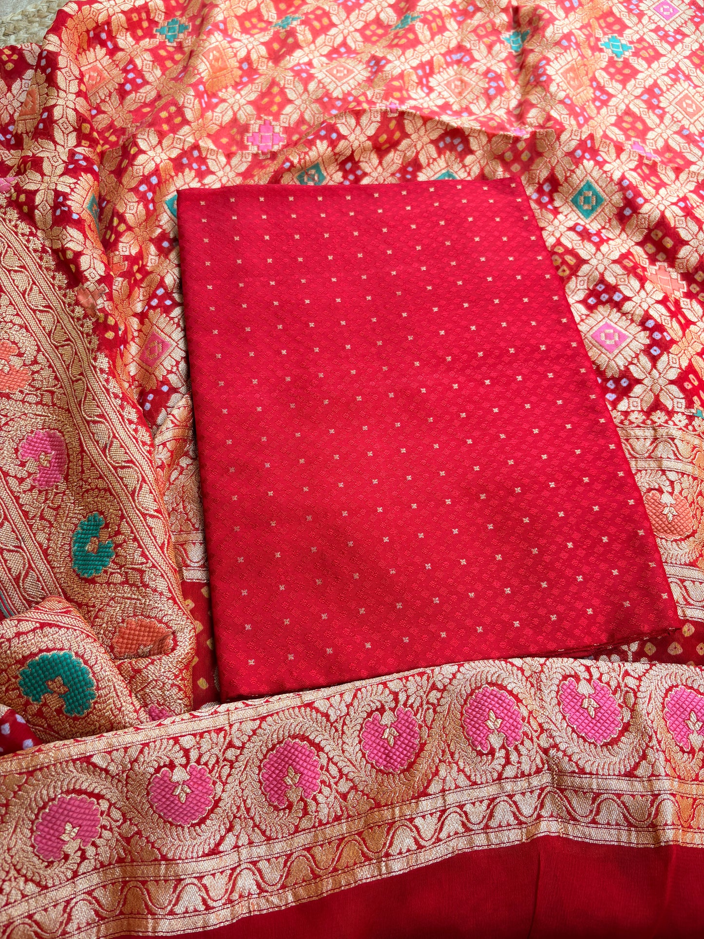 Red katan silk kurta with bandhani dupatta