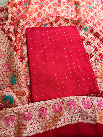 Red katan silk kurta with bandhani dupatta
