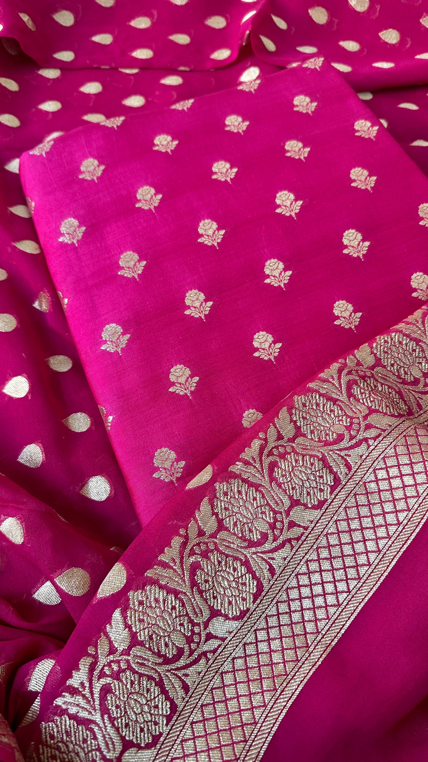 Pink chiniya katan kurta, georgette dupatta, plain silk bottom.