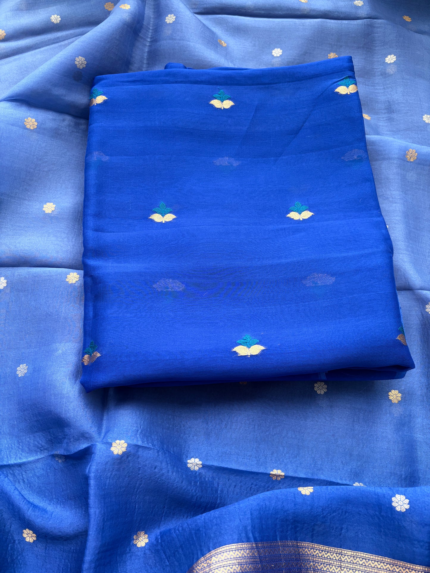 Blue kora silk suit with kadhwa dupatta