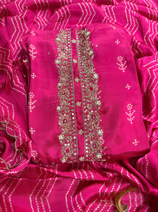 Pink bandhani hand work suit set