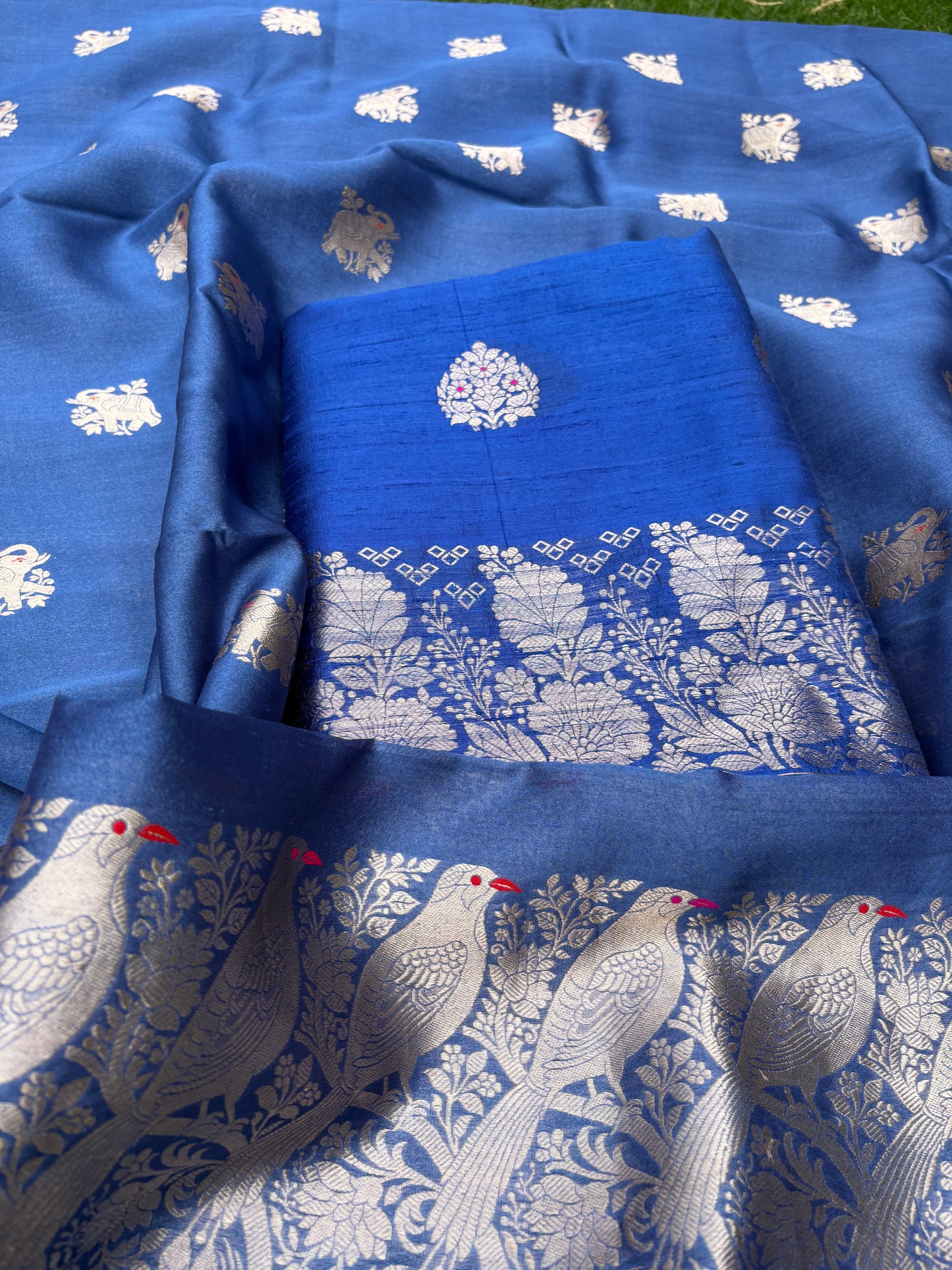 Blue raw silk kurta, bottom, Chiniya kora dupatta