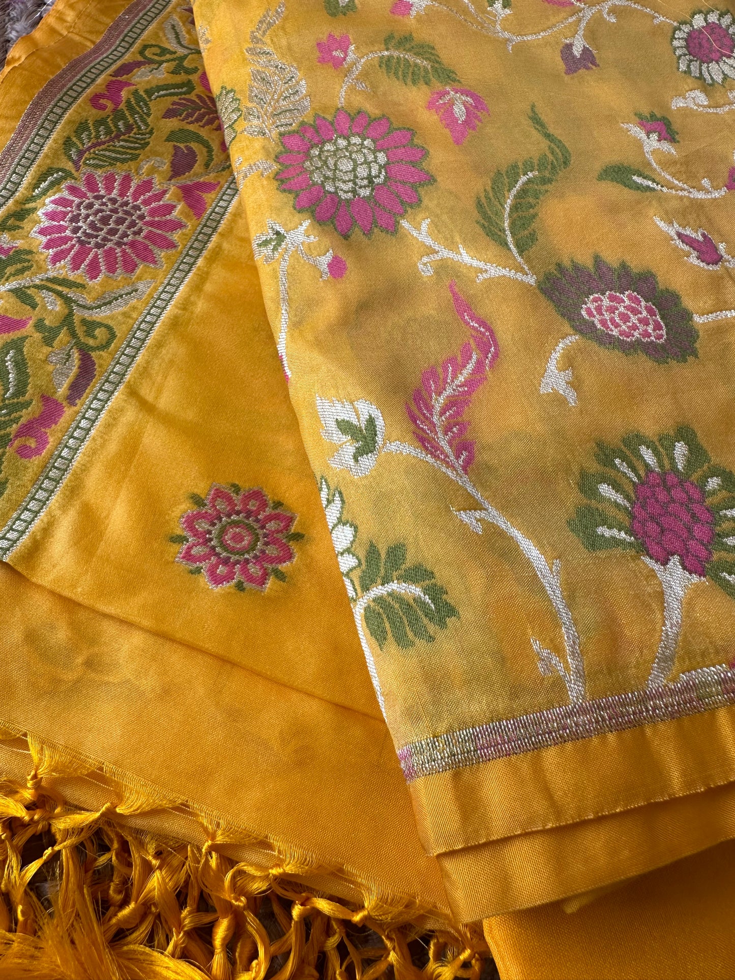 Yellow Chiniya silk full Jaal weaving 3 piece suit.