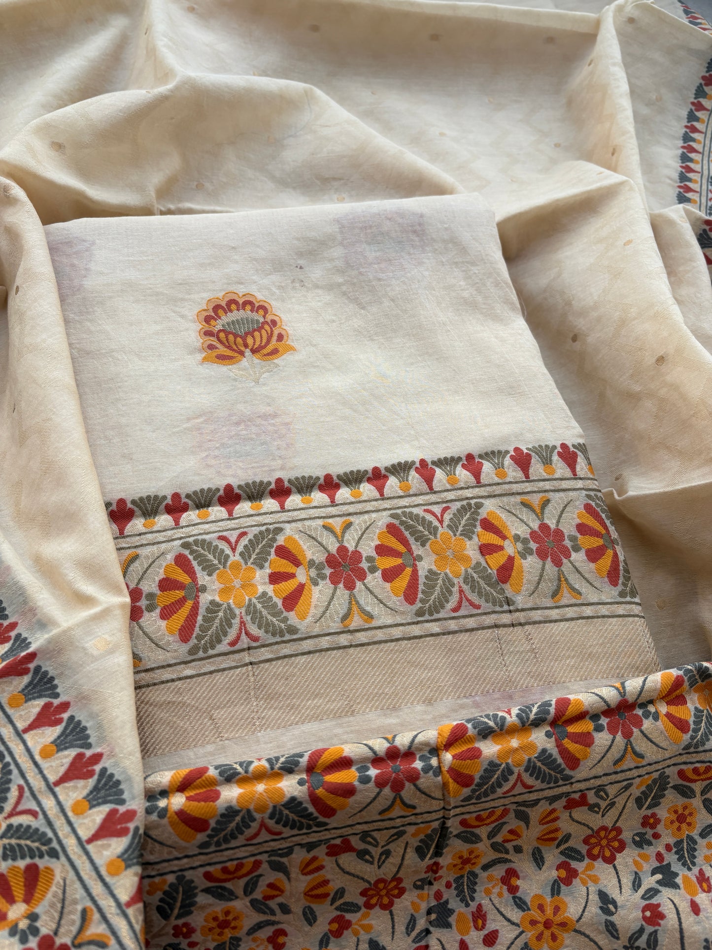 Cream Meenakari tilfi weaving Chanderi suit set