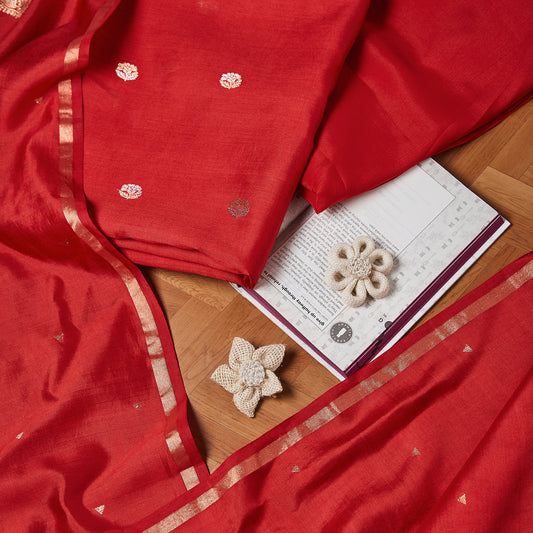 Tomato Red Pure Chiniya katan Silk Suit Set