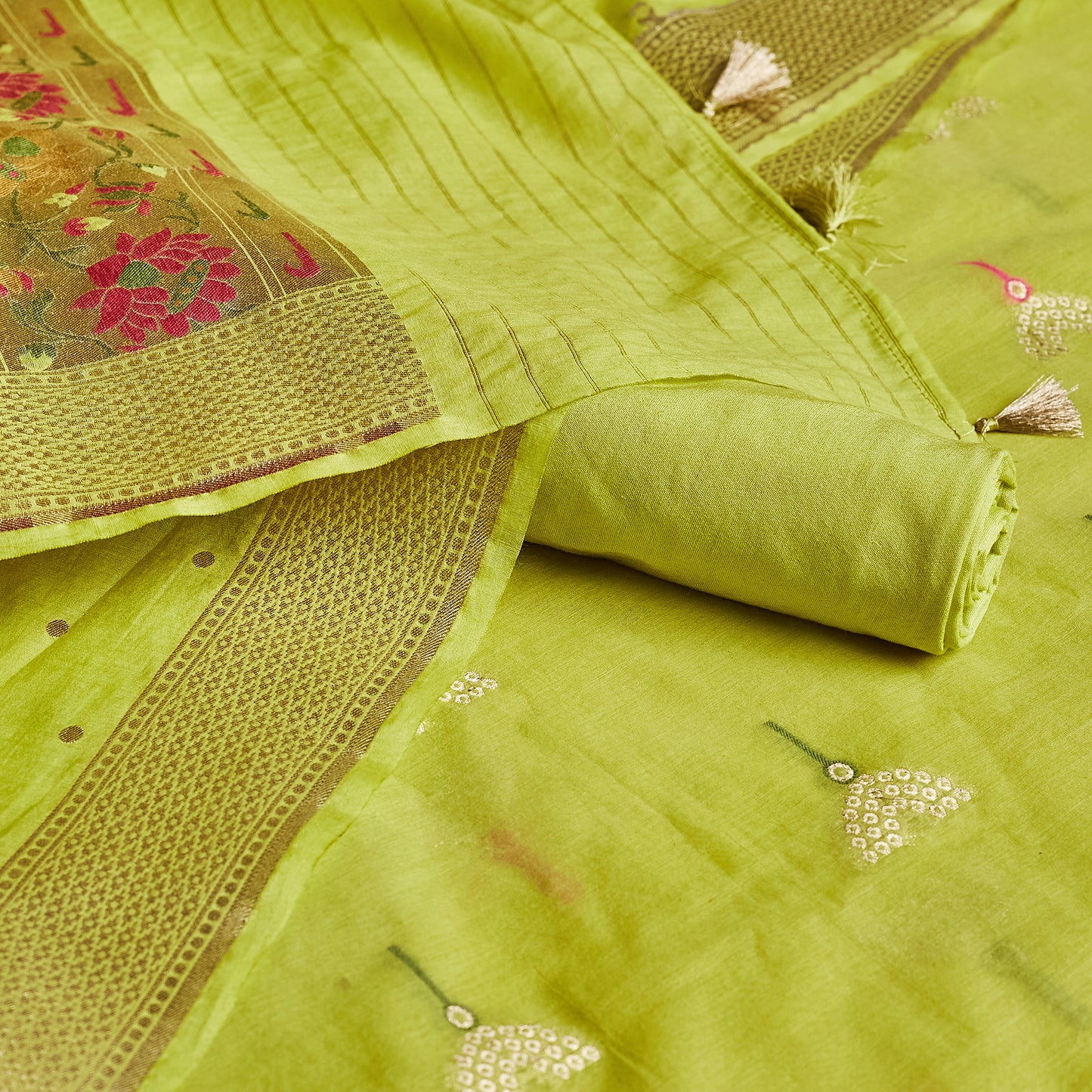 Green Tulip inspired Booti Suit Set with full paithani inspired dupatta