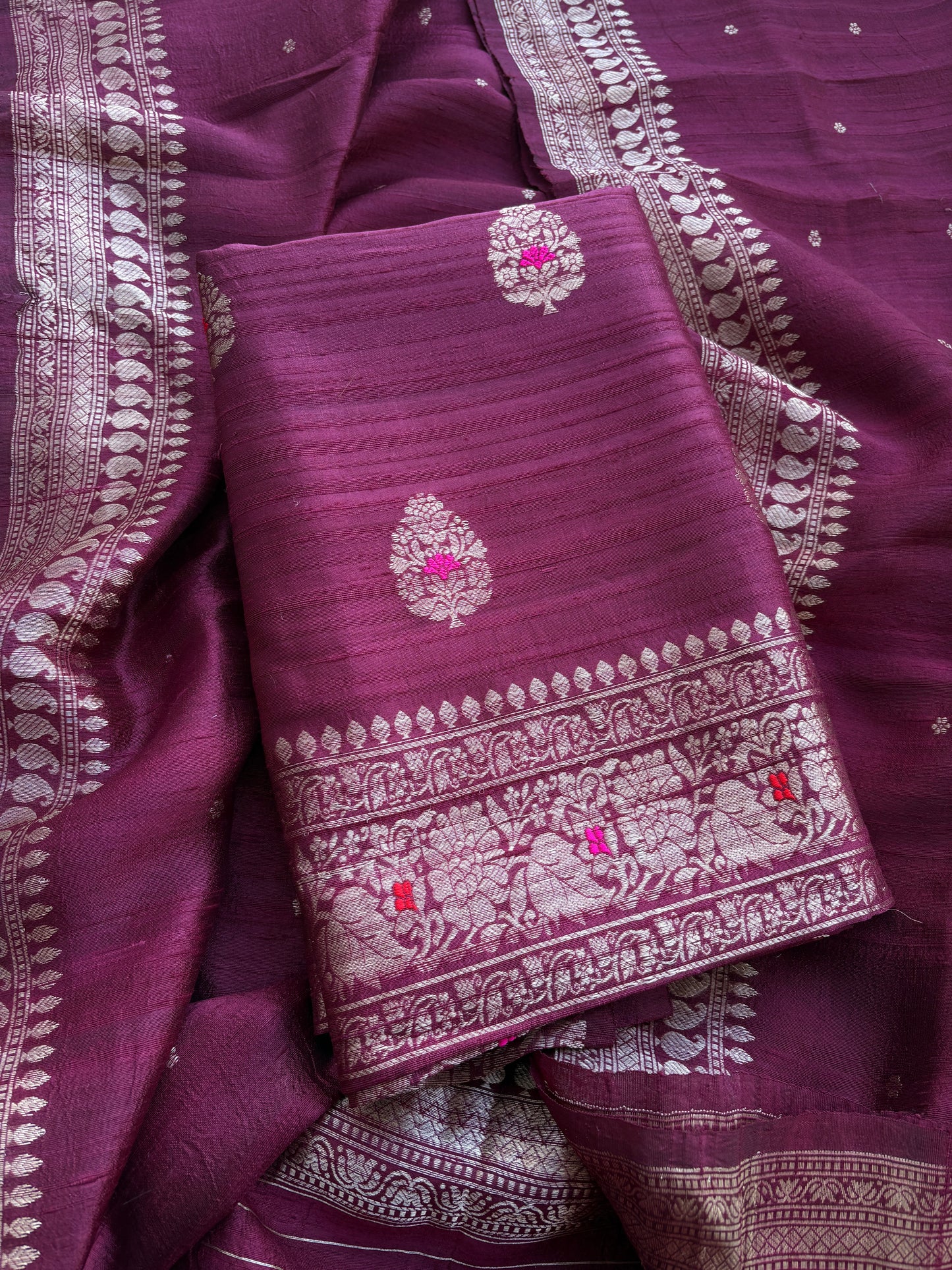 Wine raw silk tussar kadhwa suit set