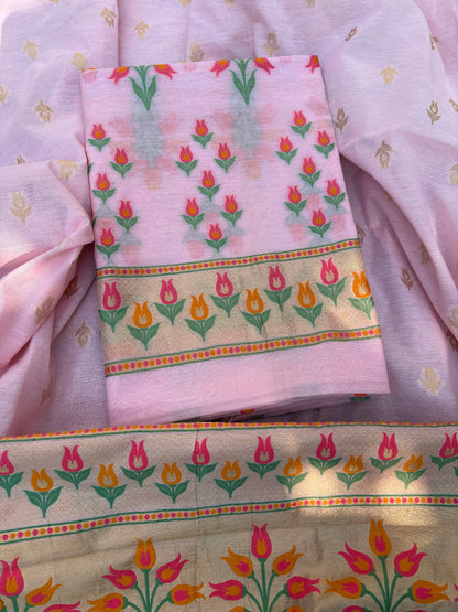 Pink meenadar flower design Chanderi cotton suit set
