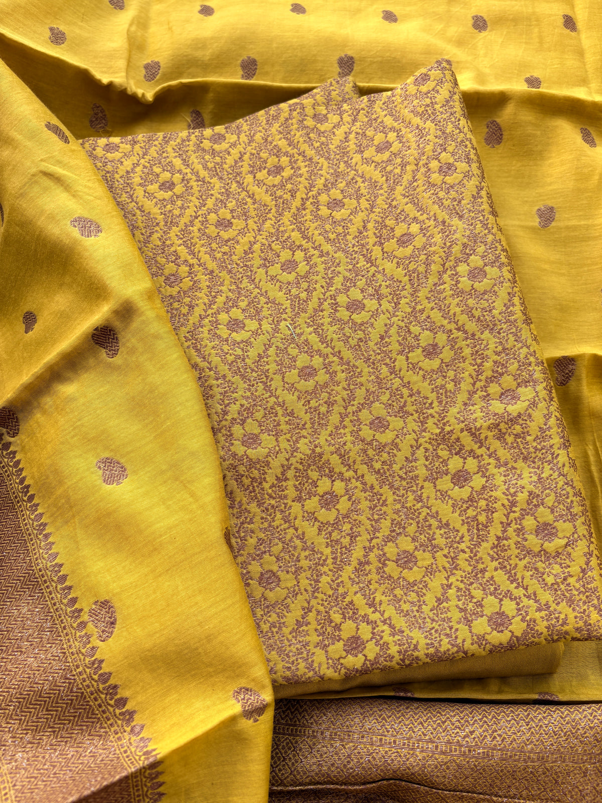 Yellow brocade cotton silk suit set