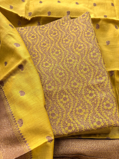 Yellow brocade cotton silk suit set