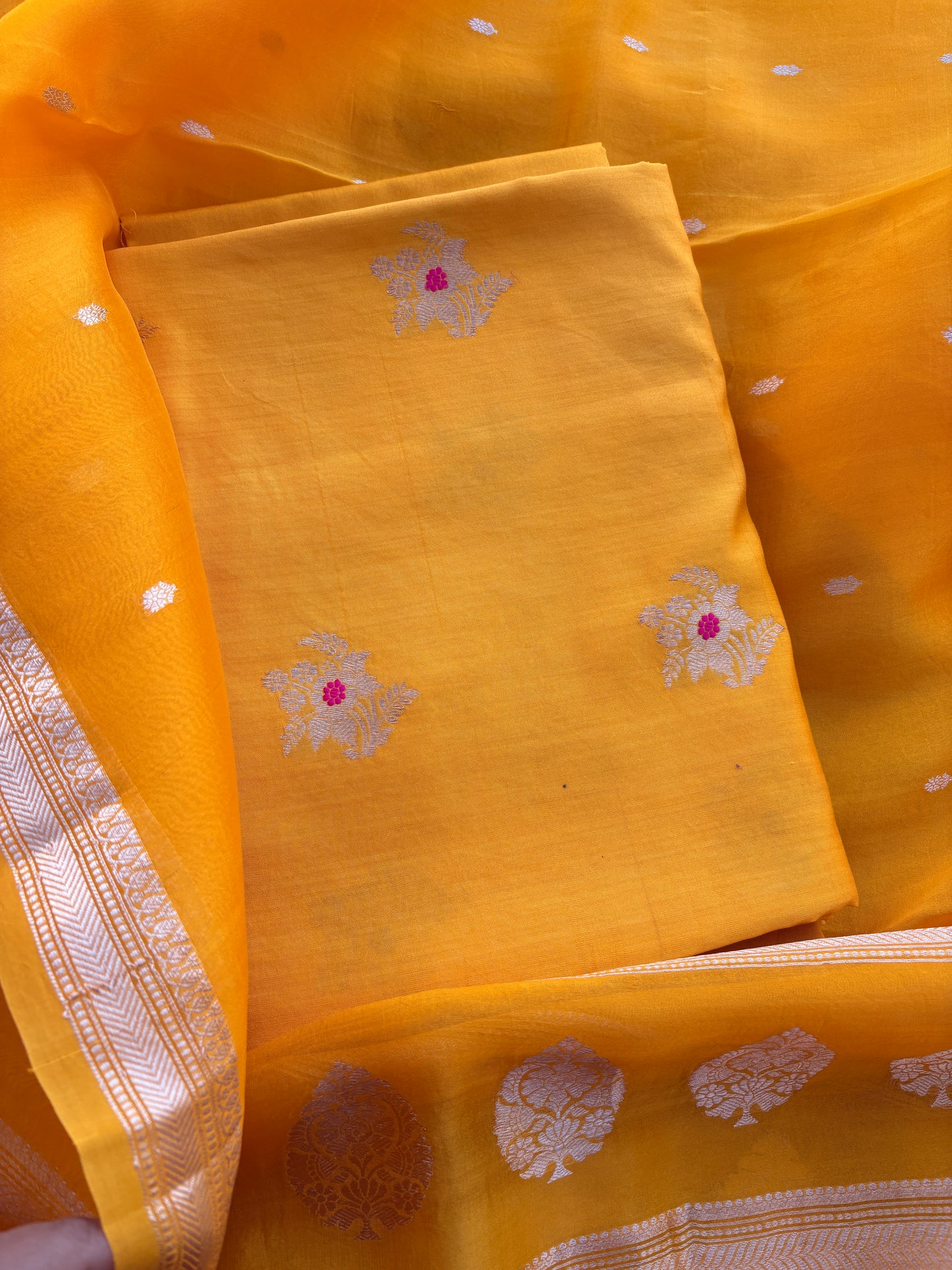 Yellow Chiniya silk meenadar kadhwa suit set