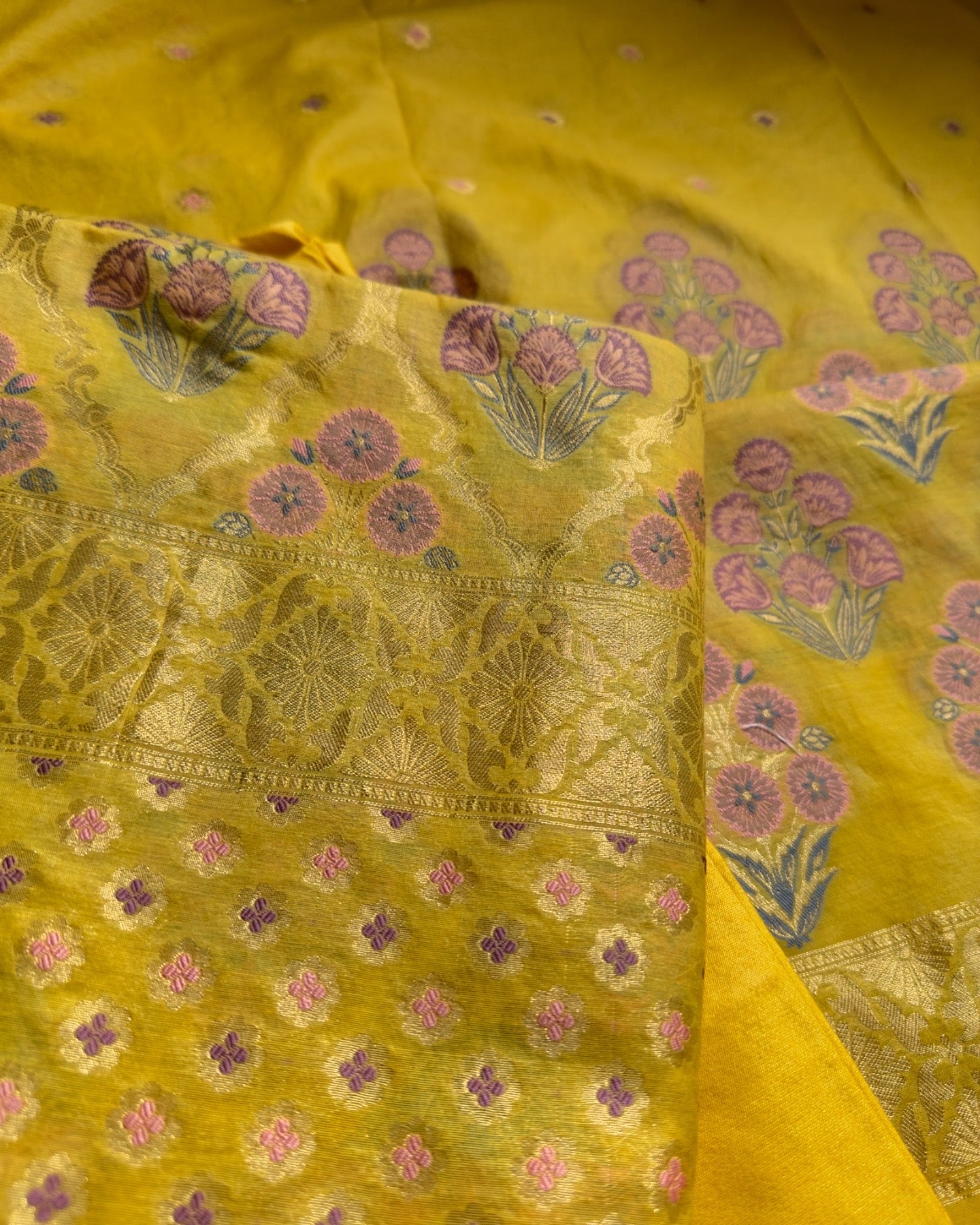 Yellow chanderi full Jaal weaving 3 piece suit.