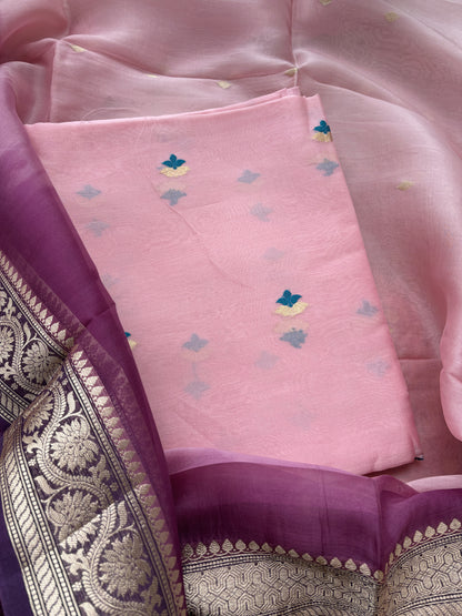 Pink Kora silk suit set with shaded dupatta