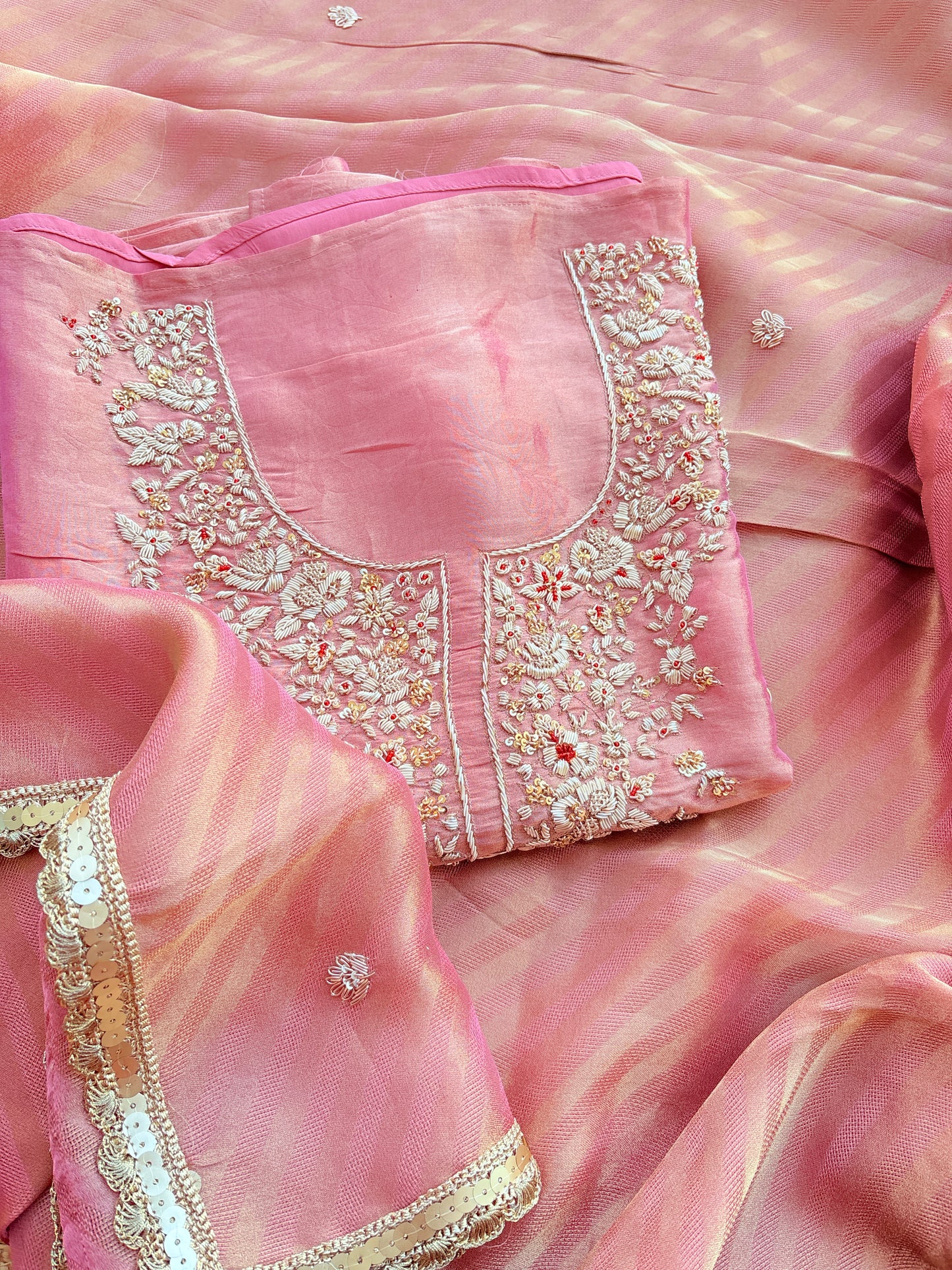 Pink tissue silk hand embroidery suit set