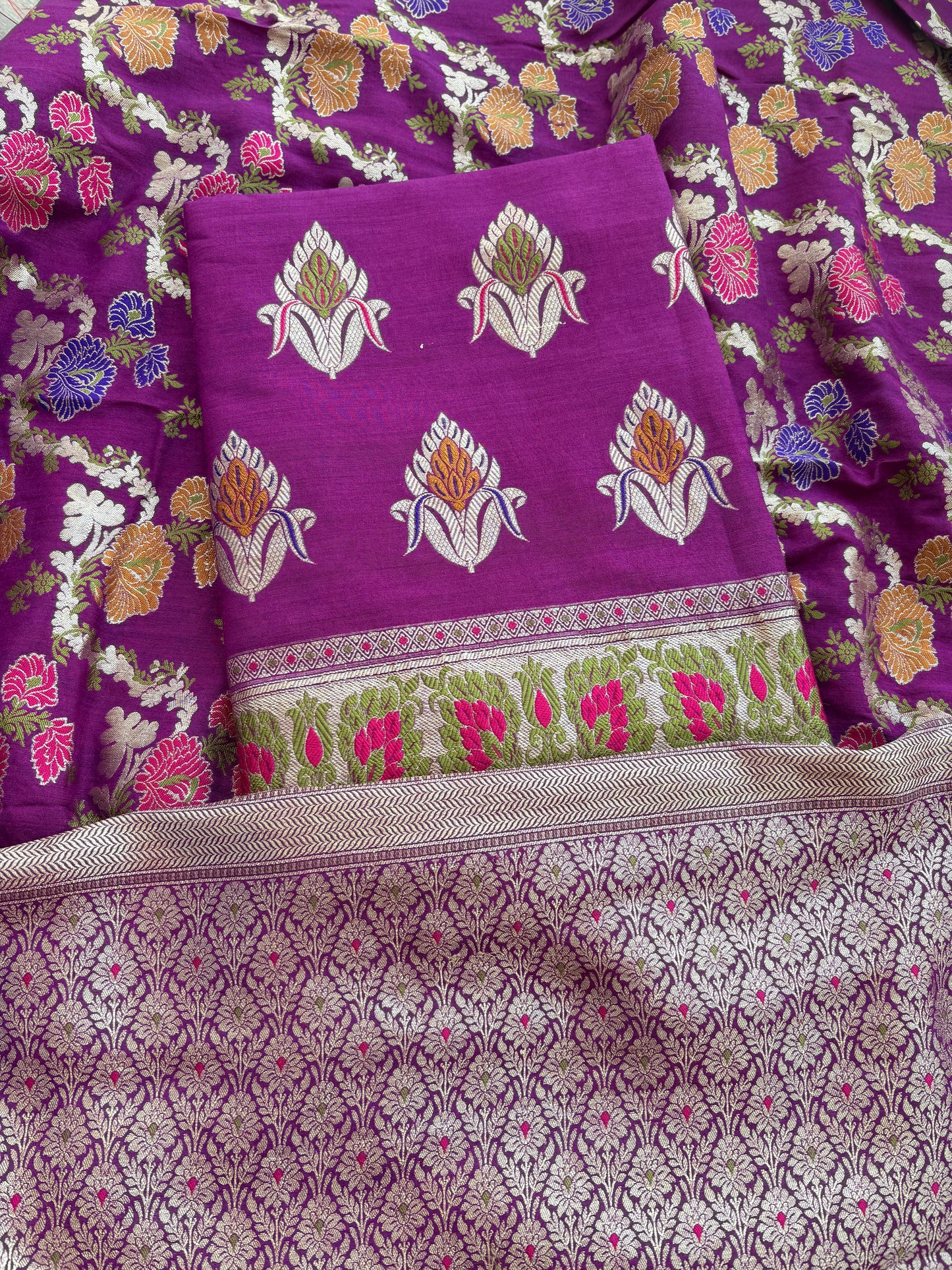 Purple moonga silk jaal tilfi suit set