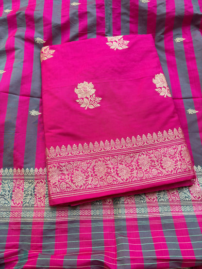 Pink katan by katan silk kadhwa suit set with stripe katan dupatta