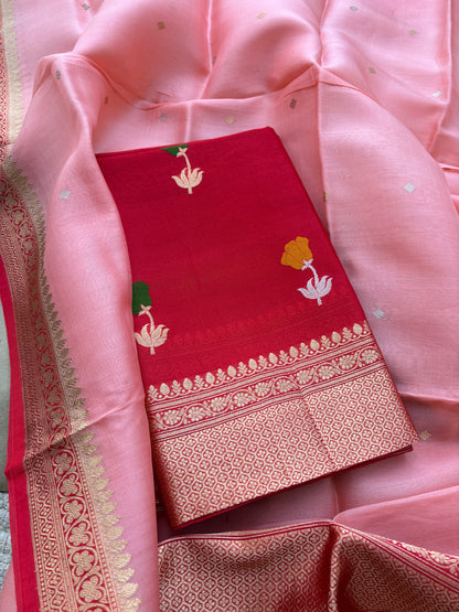 Red kora silk suit set with shaded pink dupatta