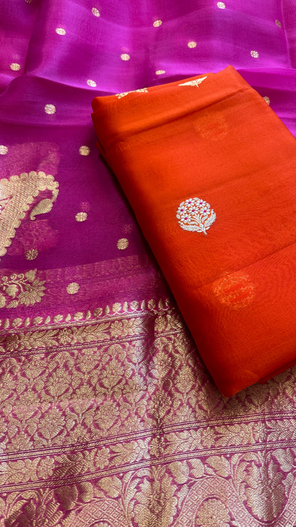 Orange kora silk kurta, magenta kora dupatta, plain bottom