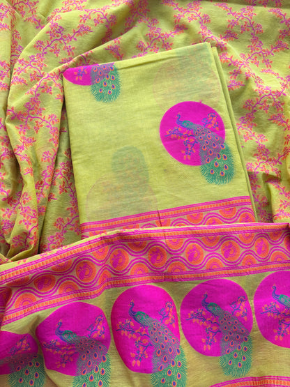 Lime Chanderi peacock weaving suit set