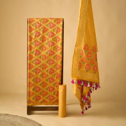 Mustard flower booti kurta, plain booti dupatta, plain bottom