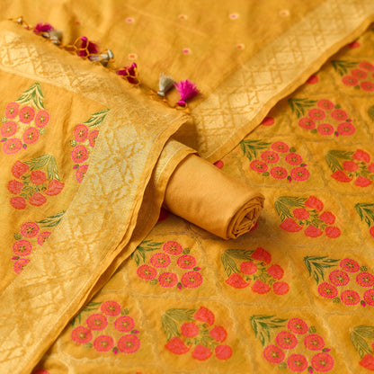 Mustard flower booti kurta, plain booti dupatta, plain bottom