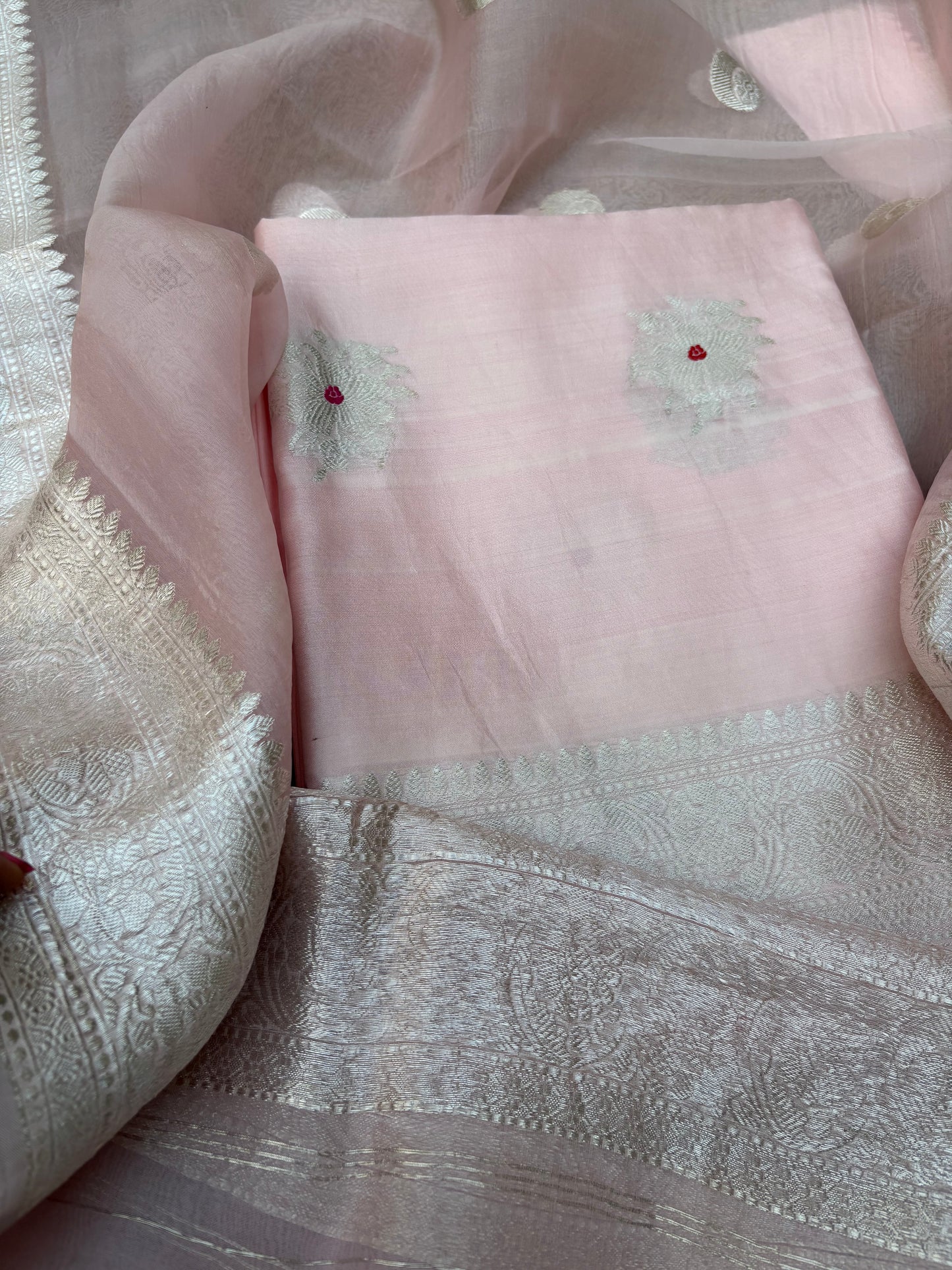 Pink Chiniya silk  silver zari 3 piece suit set