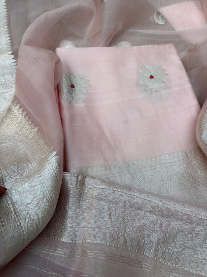 Pink Chiniya silk  silver zari 3 piece suit set