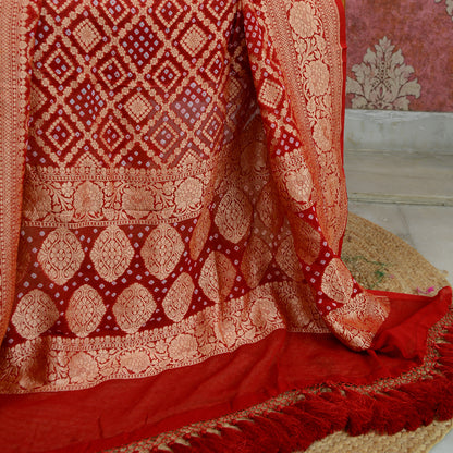 Red Khaddi georgette bandhani dupatta
