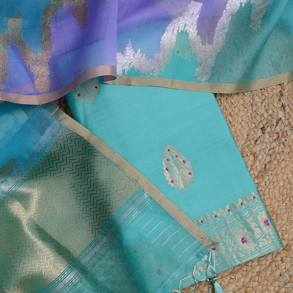 Blue Chiniya silk with rangkat kora dupatta