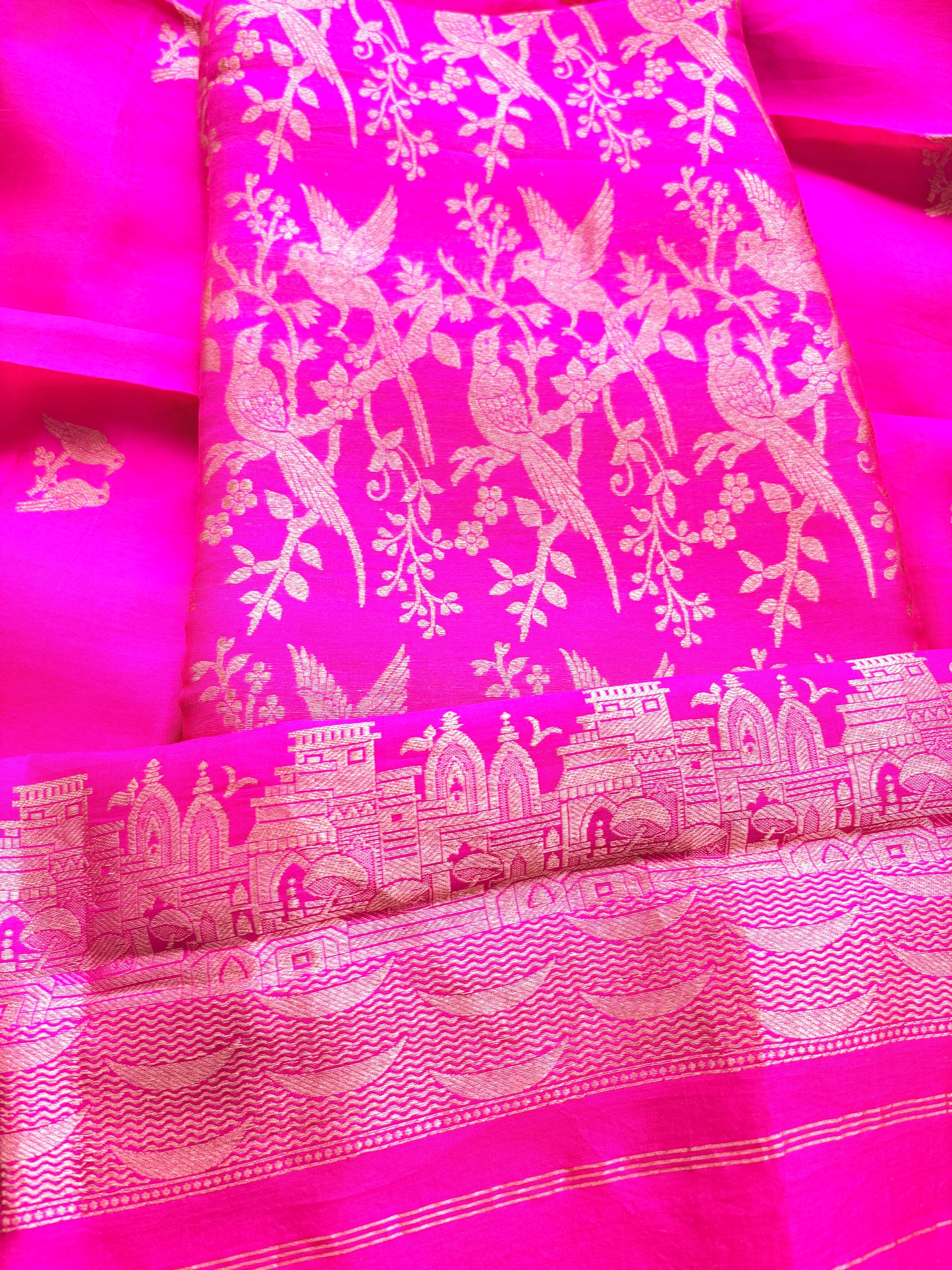 Pink brocade silk suit set with silk bird dupatta