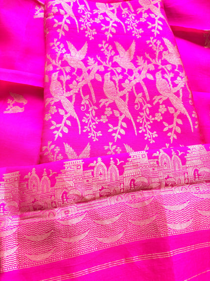 Pink brocade silk suit set with silk bird dupatta
