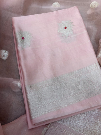 Pink Chiniya silk  silver zari 3 piece suit set