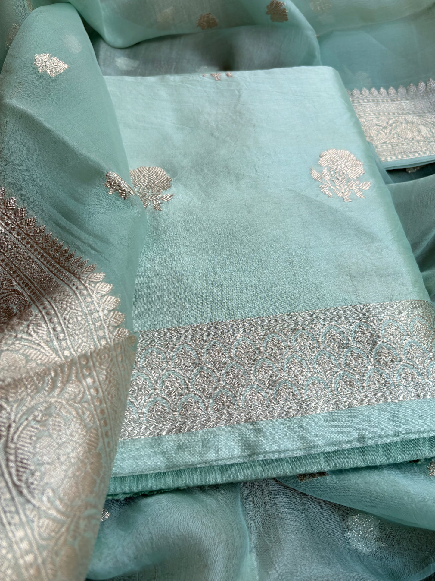 Blue silver zari Chiniya kora suit set