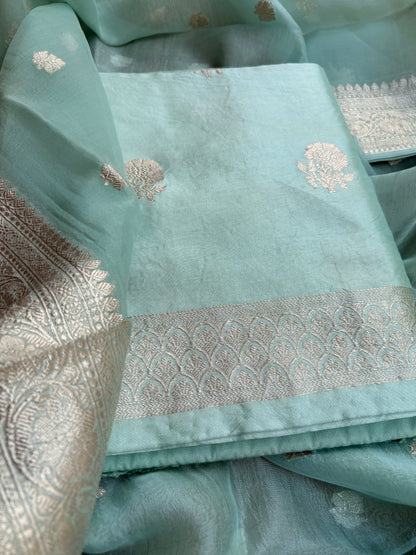Blue silver zari Chiniya kora suit set
