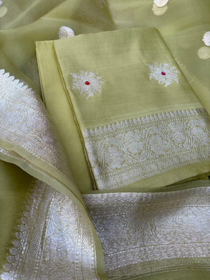 Green Chiniya silk silver zari 3 piece suit set